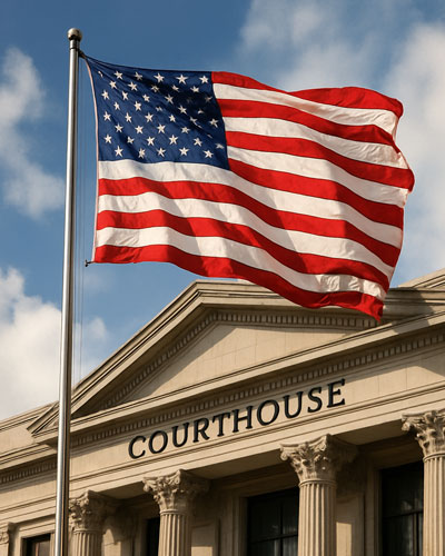 american flag flying above the courthouse