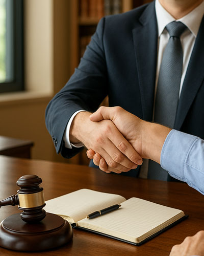 Attorney shaking a clients hand in a legal conference room